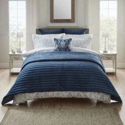Dorma Remington Cotton Velvet Blue Bedspread -furn Sale Store 30646839