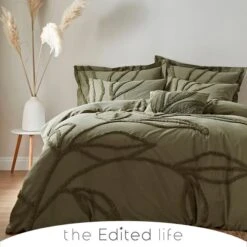 Tufted Leaf Olive 100% Organic Cotton Duvet Cover And Pillowcase Set