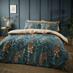 Catherine Lansfield Tropic Tiger Leaf Reversible Green Duvet Cover & Pillowcase Set -furn Sale Store 30867214