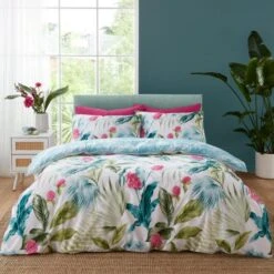 Catherine Lansfield Aruba Tropical Floral Green Duvet Cover And Pillowcase Set -furn Sale Store 30892658
