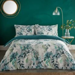 Flo Trailing Leaf Teal Luxury Velvet Duvet Cover And Pillowcase Set -furn Sale Store 30901195